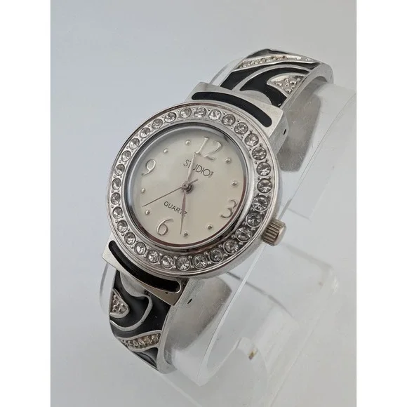Studio Time Bangle Watch Women 30mm Case Black Enamel Rhinestones- New Battery - Picture 3 of 8